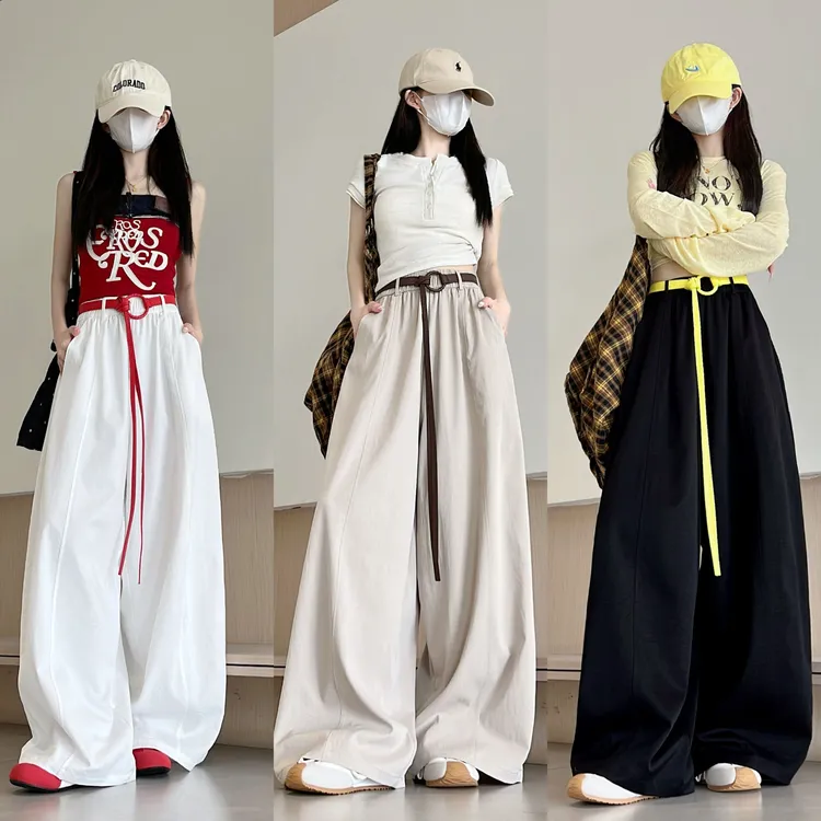 韩系ins慵懒感弯刀裤女早秋宽松简约压褶遮肚阔腿长裤（无腰带）