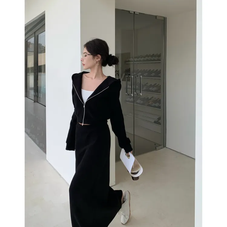 时尚休闲运动套装女夏季2025新款卫衣外套垂感长裙两件套