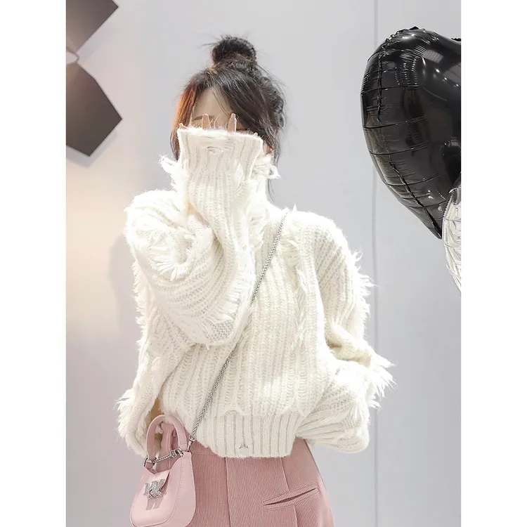 破洞流苏高领套头毛衣女秋冬宽松显瘦设计感小众软糯短款针织上衣