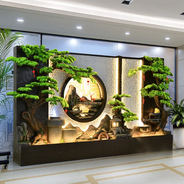 大型水幕墙屏风假山流水酒店会所办公室玄关喷泉水幕墙流水屏风