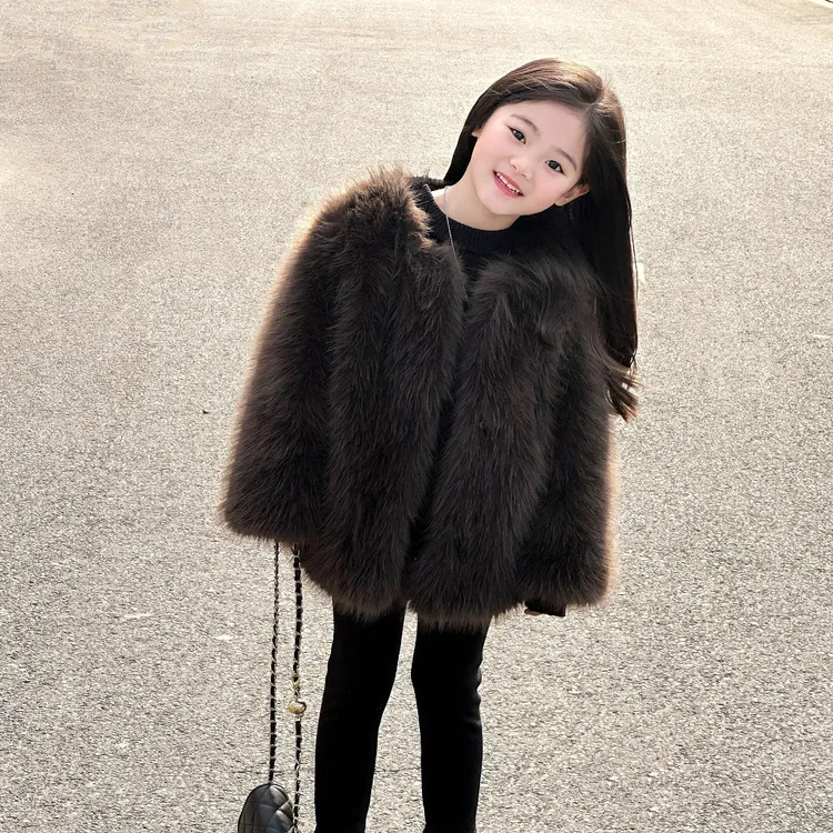 新年洋气短款女童加厚毛毛外套冬季仿皮草大衣保暖棉袄双面毛绒