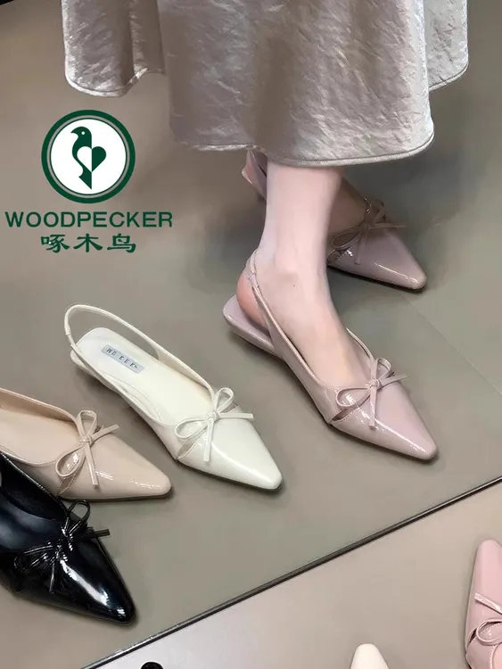 啄木鸟法式包头粗跟尖头凉鞋女2025夏季新款配裙子蝴蝶结气质单鞋
