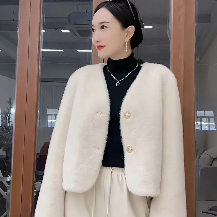 NASAOVER秋冬新高档水貂绒外套皮毛一体V领小个子欧貂绒开衫外套