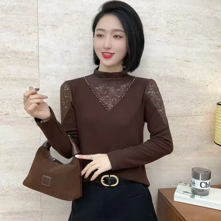 【韩紫朵】2025新品法式蕾丝领钉珠拼接洋气小衫89020