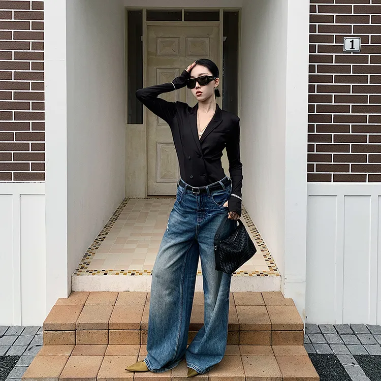 十三粥私服 暗夜主宰 辣妹西装外套女秋双排扣弹力针织修身连体衣