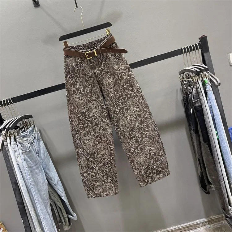 2025秋季美式复古腰果提花牛仔裤女高腰宽松休闲阔腿弯刀裤香蕉裤