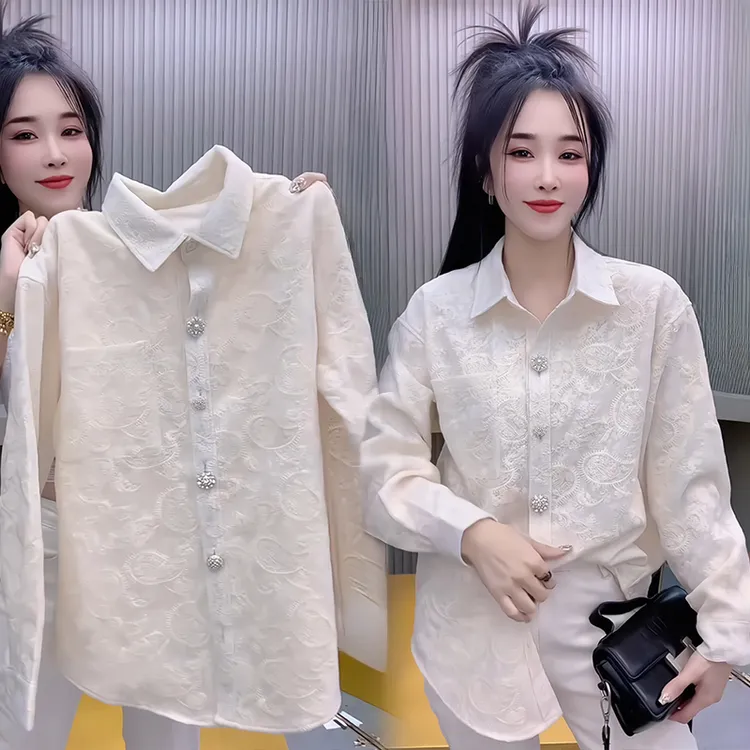 新中式国风重工蕾丝提花衬衫女2025春季新款百搭洋气宽松显瘦上衣
