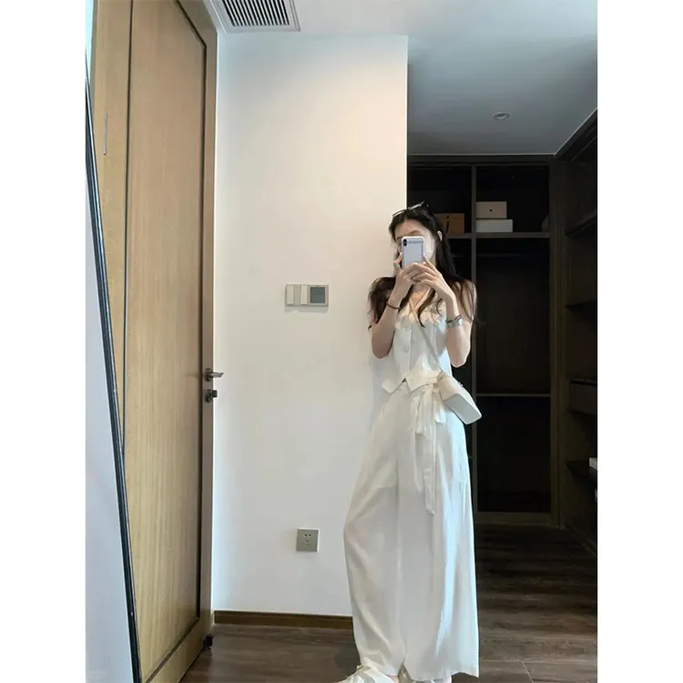 气质穿搭设计感V领百搭无袖马甲上衣高腰直筒垂感阔腿裤休闲裤女