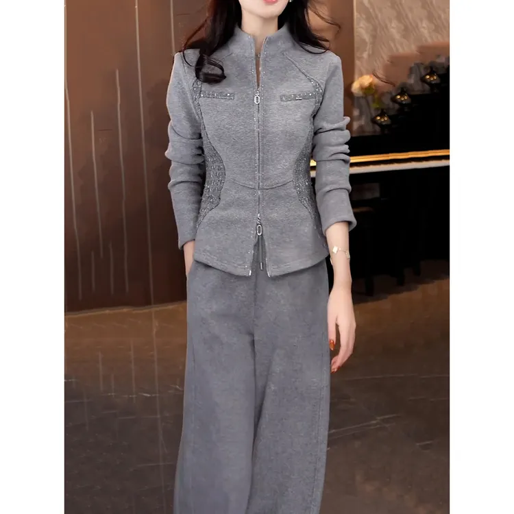 韩系洋气一体绒裤套装女2025冬季新款收腰显瘦百搭开衫上衣+裤子