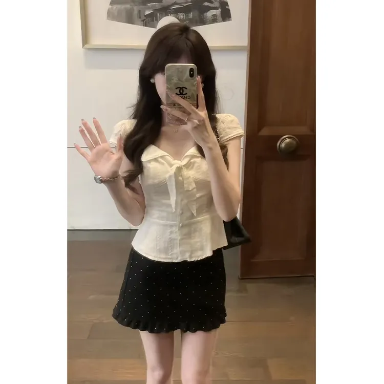 2025夏季新款韩系甜美温柔风V领系带掐腰上衣+木耳边波点裙套装女