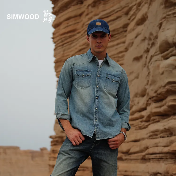 SIMWOOD/简木丹宁【宽松版】8.7盎司水洗西部牛仔长袖衬衫SO230329