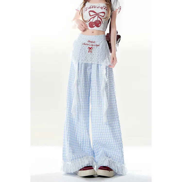 自然涩长裤休闲风休闲裤女士复古春夏夏季高腰拼接阔腿裤时尚