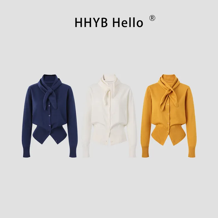 HHYB Hello2025秋冬季新款韩系圆领长袖针织开衫+小方巾上衣M1267
