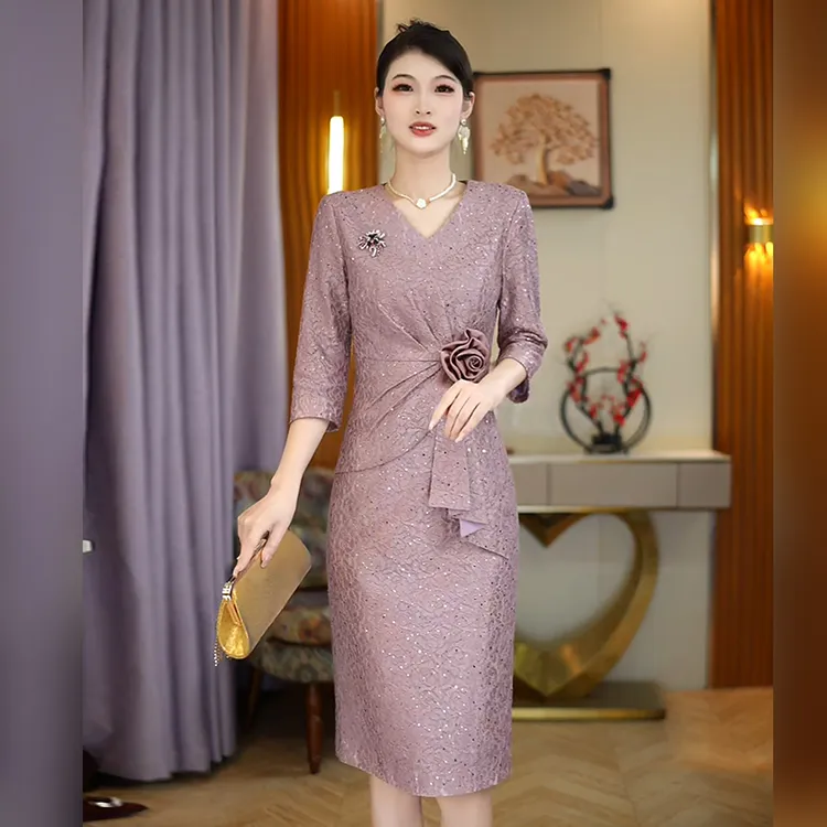 2025新款喜婆婆结婚连衣裙加绒加厚秋冬长袖丈母娘妈妈装婚宴礼服