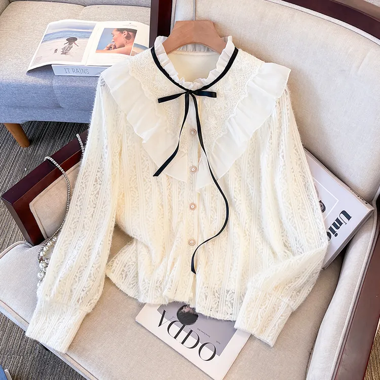 2025秋季胖妹妹高端洋气蕾丝绑带减龄长袖百搭衬衫