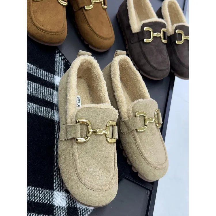 绒面麂皮绒加绒保暖豆豆鞋女冬加绒软底复古勃肯鞋毛毛鞋棉鞋