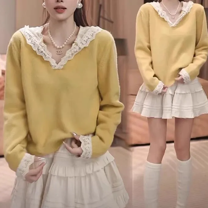 2025秋冬新款长袖连帽拼接蕾丝百搭慵懒套头针织上衣蕾丝拼接毛衣