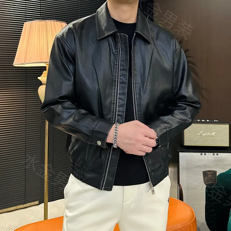 2025男装男士秋季潮流时尚百搭舒适高端薄棉休闲PU皮衣夹克8536