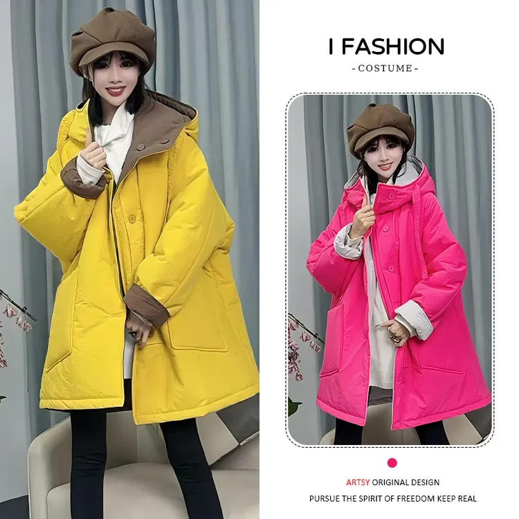 加厚休闲连帽双面穿棉服女2025冬季新款设计感保暖大口袋中长外套