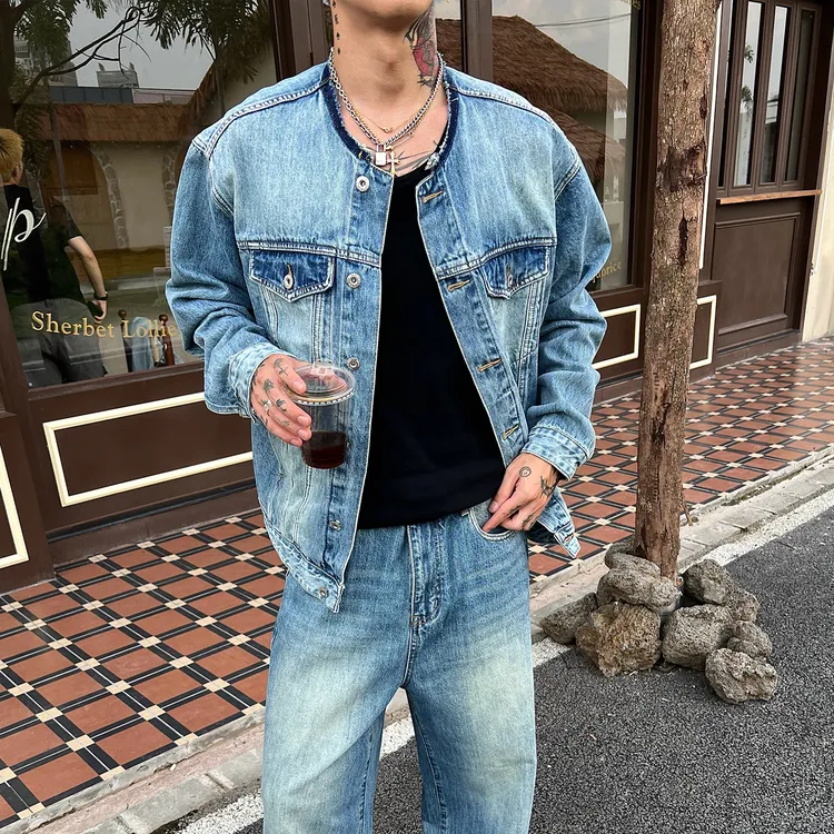 OXFREAK「套装系列 重工水洗」无领牛仔夹克外套男宽松阔腿牛仔裤