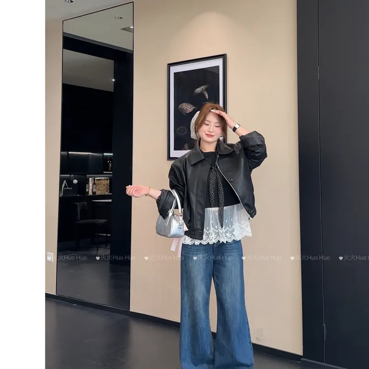 2025新款秋冬拉链翻领pu皮衣外套女宽松显瘦美式复古机车服