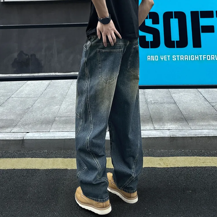 QUALCOMM美式拼接工装牛仔裤男秋季潮流松弛感百搭直筒长裤阔腿裤