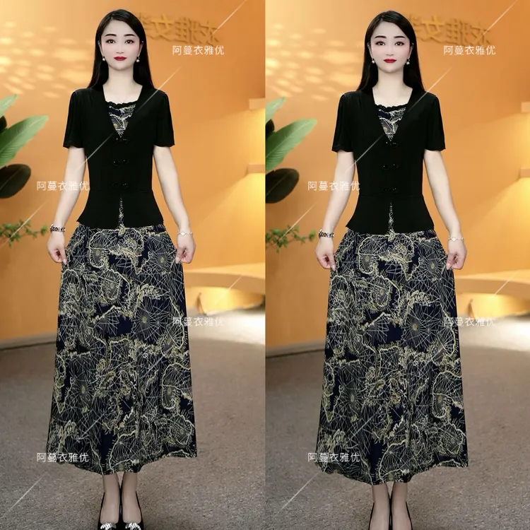 【衣雅严选】8202-1524#新款短袖手工钉珠盘扣冰雪丝假两件连衣裙