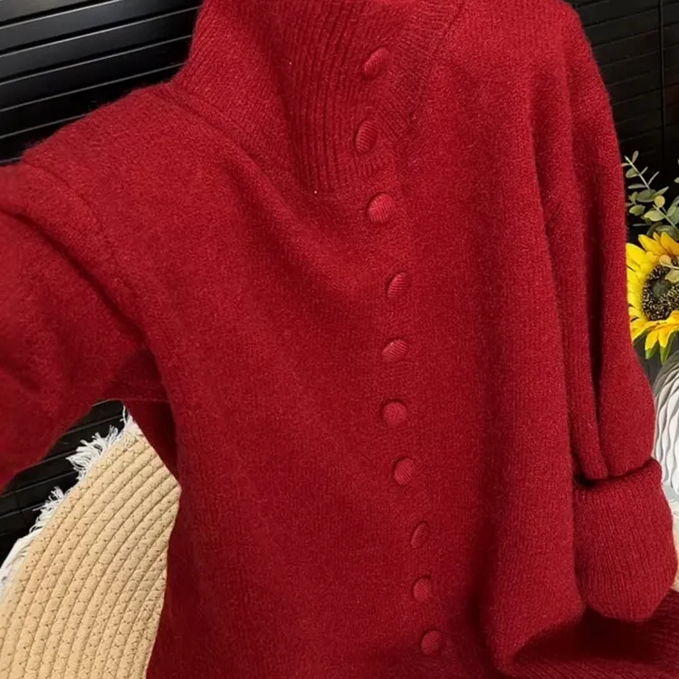 时尚设计感软糯红色毛衣外套女2025秋冬季洋气减龄高领针织开衫