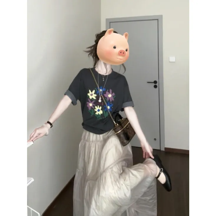 parkyeon韩系设计感彩绘花朵灰色短袖t恤女上衣仙女半身裙套装