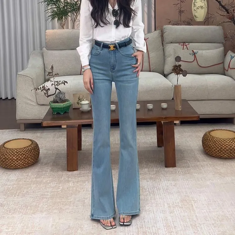 蓝色复古水洗提臀微喇牛仔裤女2025年夏季新款弹力显瘦修身马蹄裤