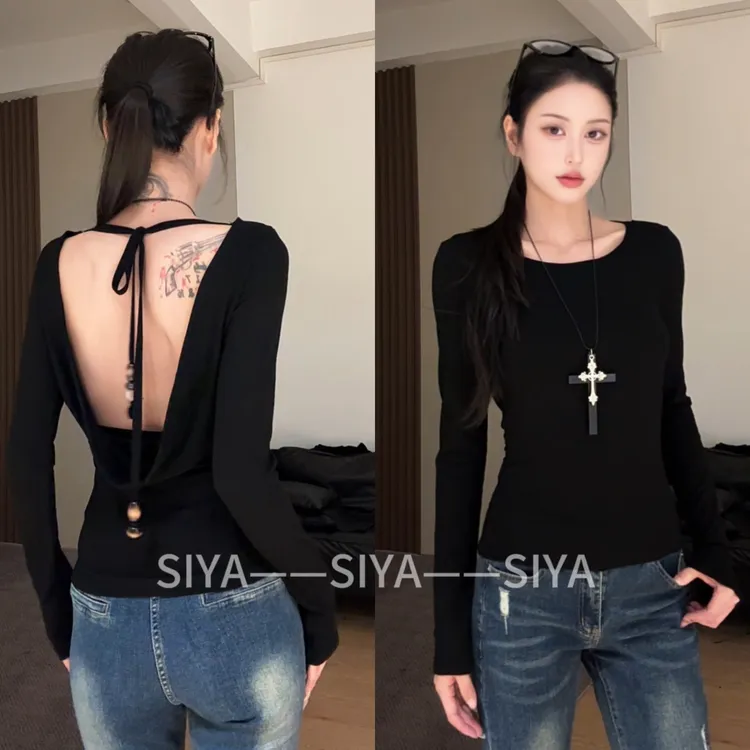 【SIYA】大露背荡领串珠系带修身显瘦性感长袖T恤上衣