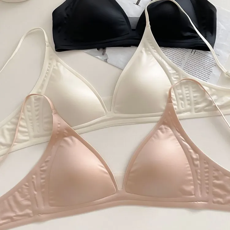 细肩带薄款夏季法式缎面无痕内衣女深V三角杯防下垂收副乳文胸罩E