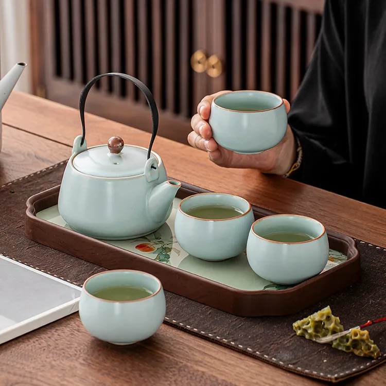 汝窑天青茶壶家用大号泡茶壶提梁壶防烫功夫茶具套装陶瓷茶壶茶杯