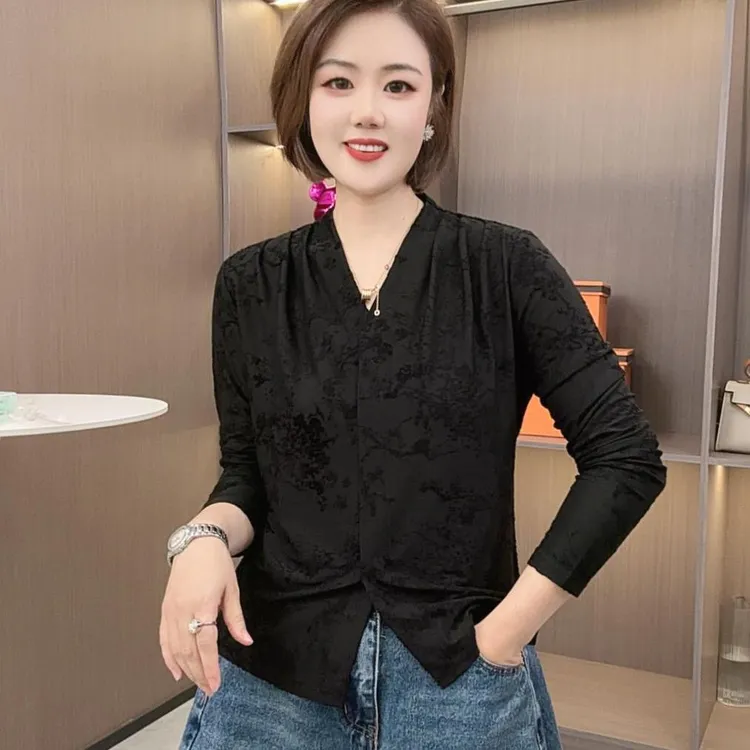 2025春秋季新款女士时尚设计感V领提花长袖小衫妈妈洋气减龄上衣