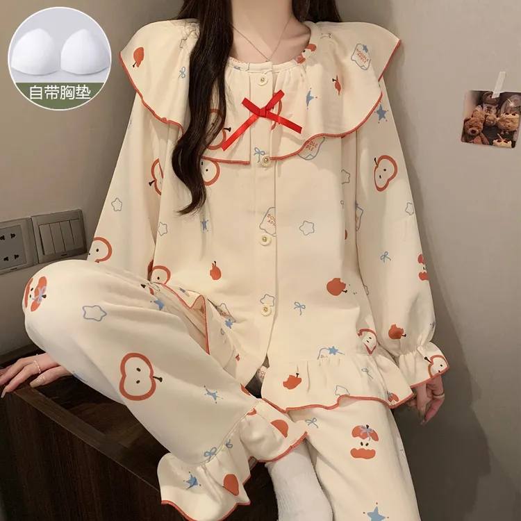 睡衣女夹层空气棉春秋冬季新款女士睡衣卡通加厚家居服长袖套装