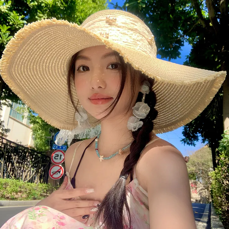 蕾丝蝴蝶结大帽檐沙滩草帽女2025年春新款海边遮阳防晒太阳帽子潮
