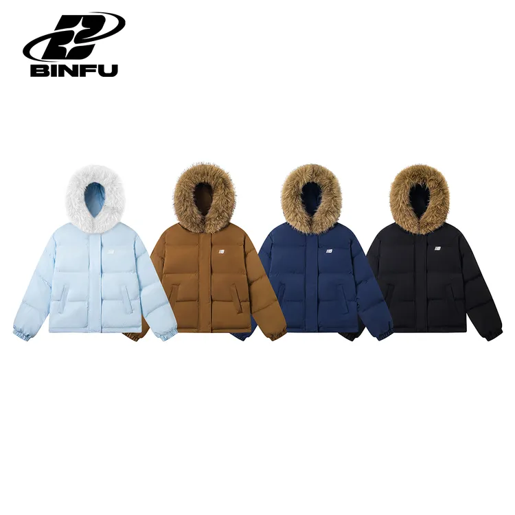 BINFU冬装简约经典基础百搭连帽男女同款加厚大毛领棉服棉衣外套