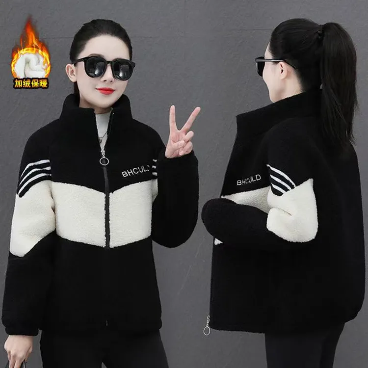 2025冬季新款立领前片中间拼接袖字母立体印花加绒加厚冬季外套