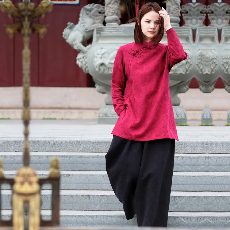 新中式禅意棉麻套装女秋冬立领盘扣修行练功太极服中长款宽松茶服