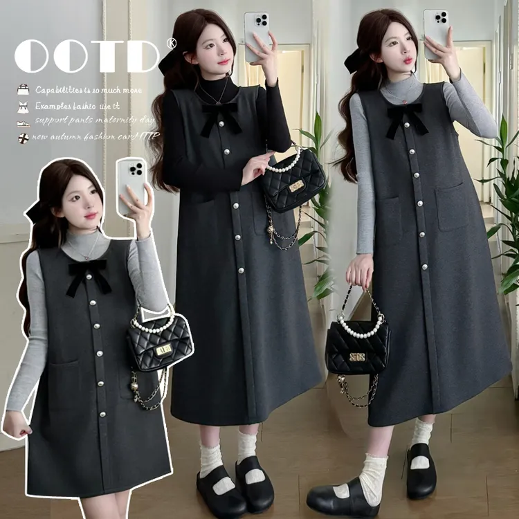 韩系蝴蝶结拼接背心连衣裙半高领打底衫精致百搭减龄孕妇两件套