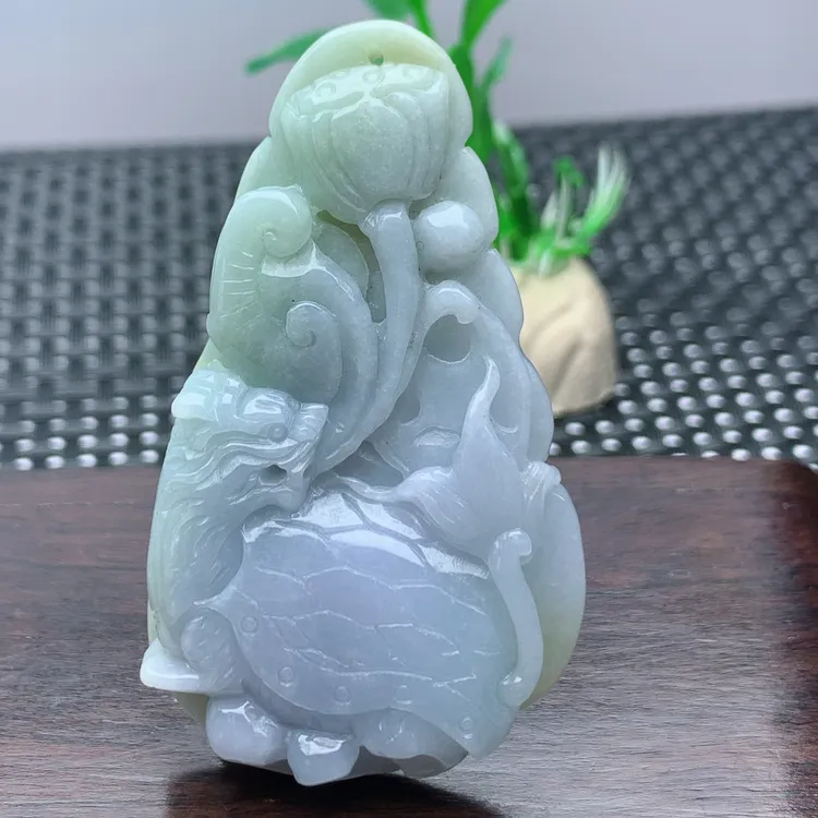 天然缅甸翡翠A货龙龟如意莲蓬吊坠毛衣链蓝紫罗兰色挂件精雕女士