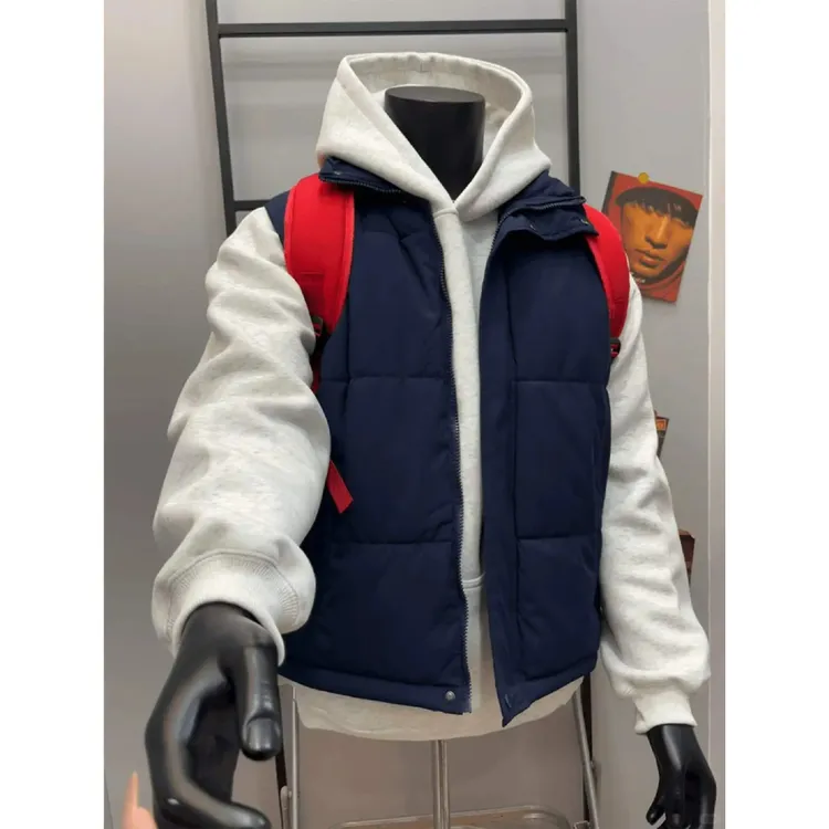 藏青色马甲棉服秋冬款加厚保暖潮牌韩版背心外套男搭配卫衣棉坎肩