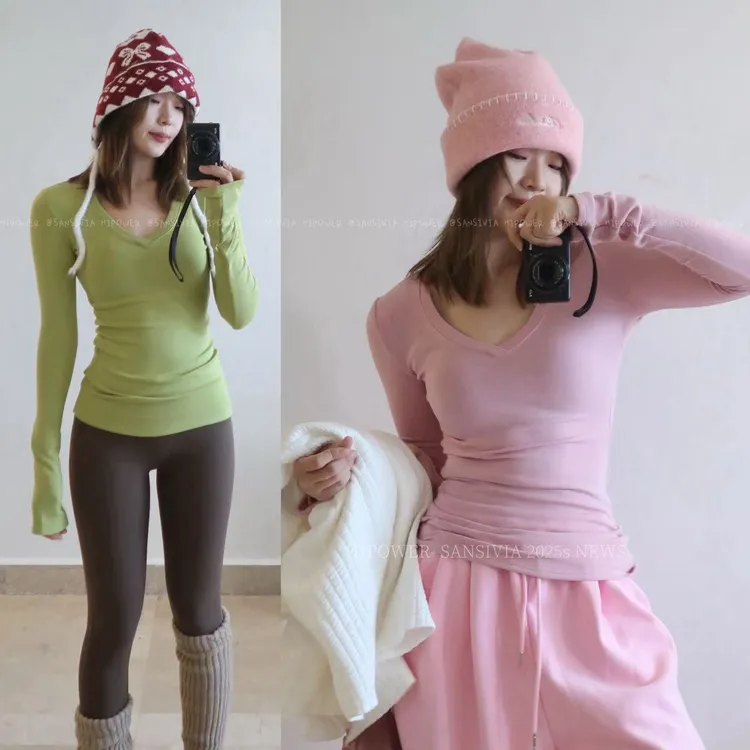 HIPOWER运动T恤健身加绒V领保暖加厚休闲弹力瑜伽上衣女打底中长