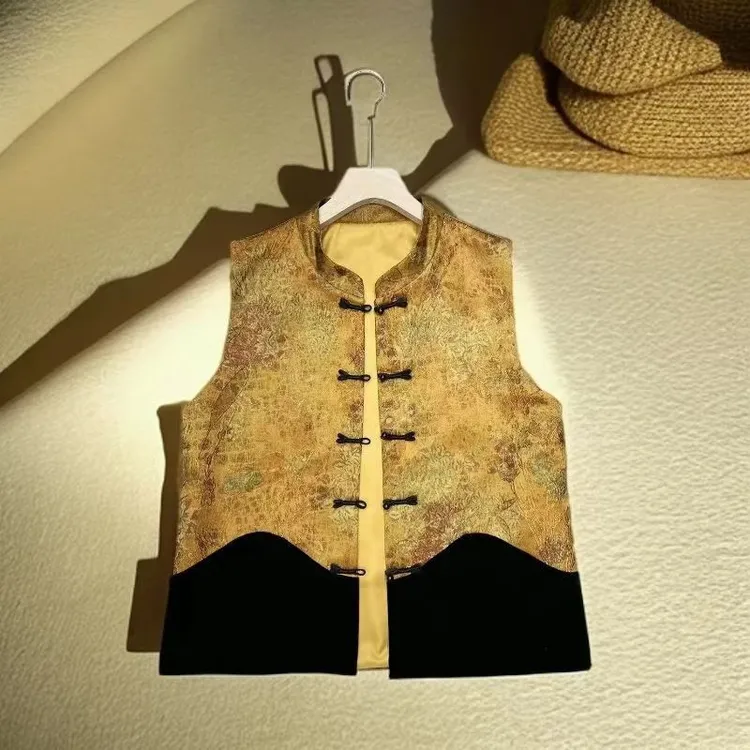 （七彩锦缎）新款国风立领无袖盘扣马甲重工刺绣时尚百搭显瘦