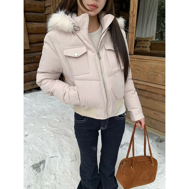 番茄妹妹Tomatosister '温暖底牌'可拆卸毛领连帽短夹克棉服