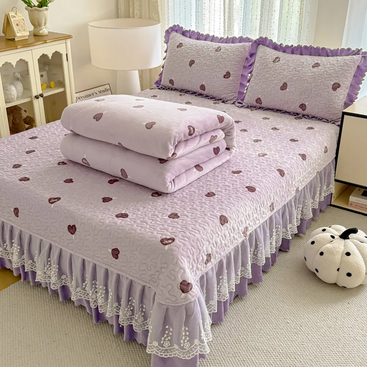 新款双层蕾丝花边牛奶绒印花床盖四件套床盖单件三件套ry