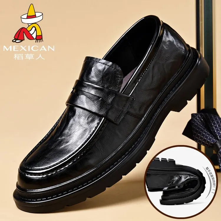 稻草人男鞋夏季男士真软皮一脚蹬休闲鞋子英伦百搭透气休闲皮鞋子