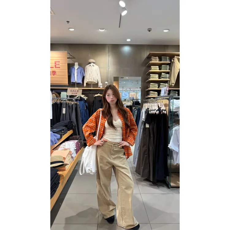 早秋出游服装女宽松百搭防晒格子长袖衬衫背心吊带高腰气质阔腿裤
