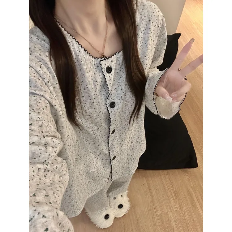 韩系甜美小碎花长袖睡衣女春秋2025新款休闲大码显瘦家居服套装女