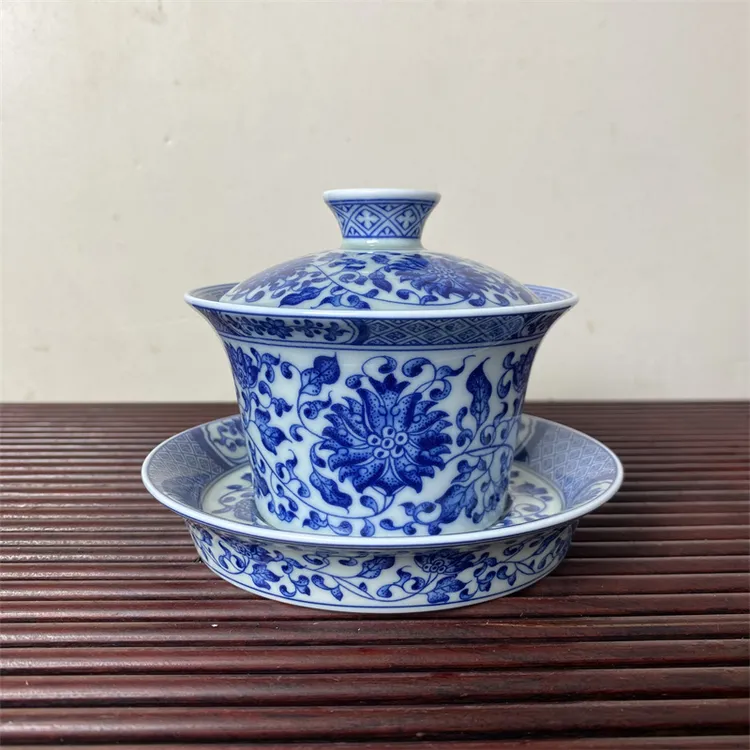 青花点绘缠枝莲马蹄三才盖碗高温瓷釉下彩家用功夫茶具泡茶碗